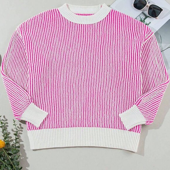 Hot Pink Casual Women's Striped Long Sleeved Round Neck Loose Pullover top - Picture 5 of 8